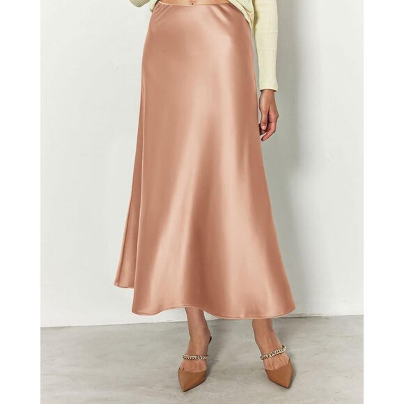 Women's Champagne Long Satin Silk Elegant Waist Cocktail Flowy A-Line Midi Skirt - Picture 4 of 6